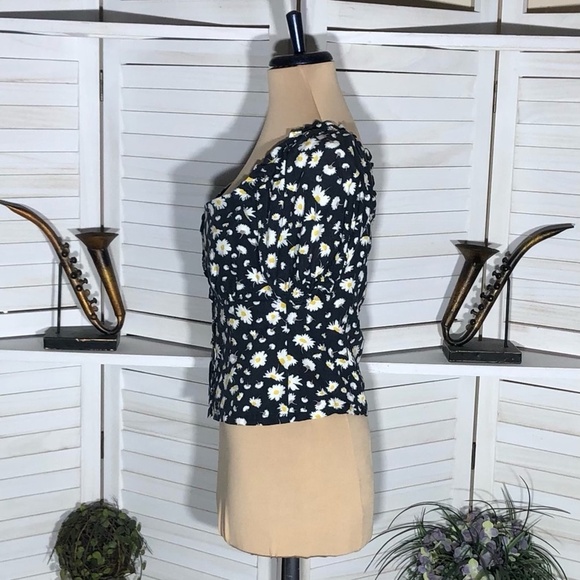 Vintage Y2K Daisy Blouse Puff Short Sleeves Floral Navy - Medium - Picture 4 of 13